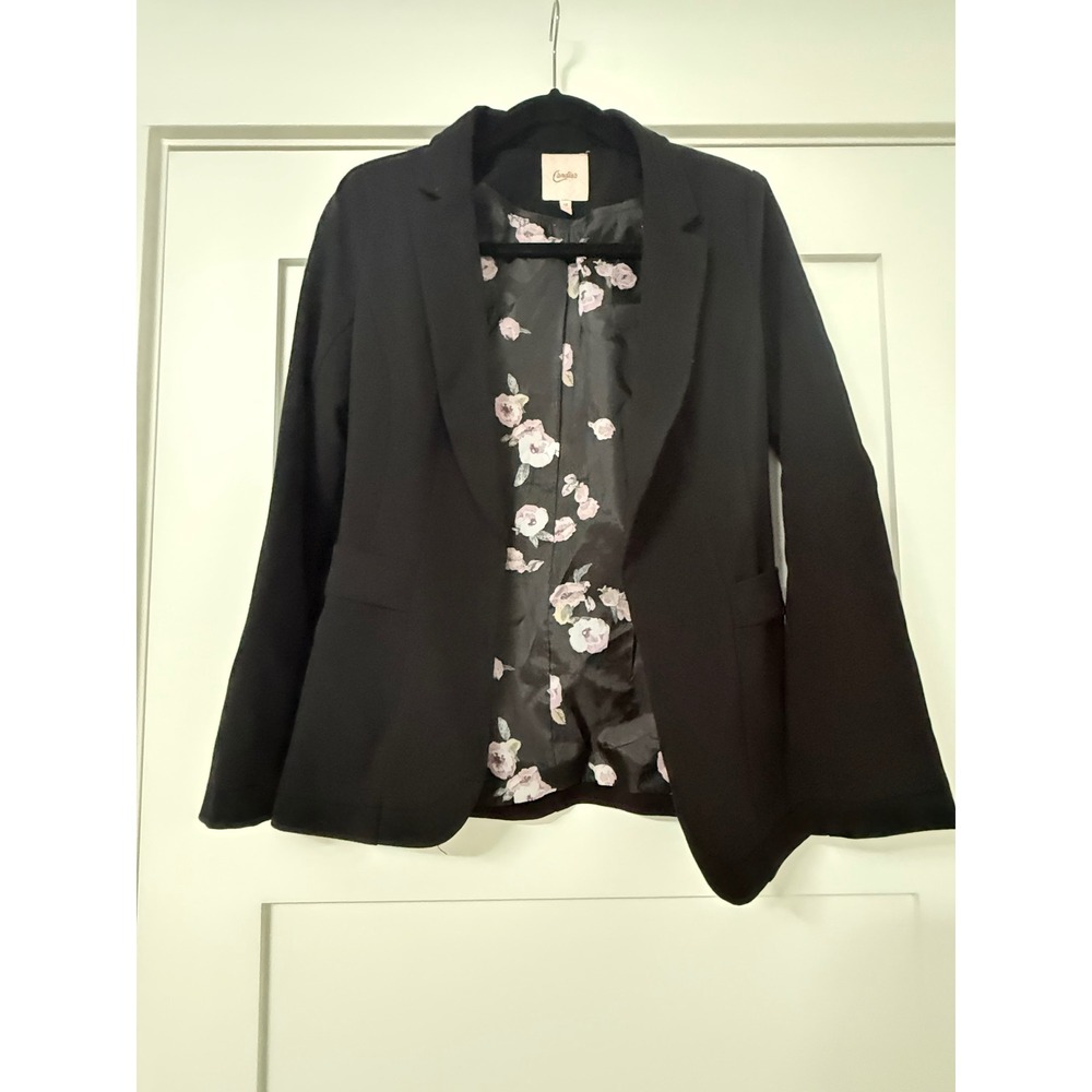 Candies Womens Black Open Front Blazer Floral Lined Notched Lapel XS